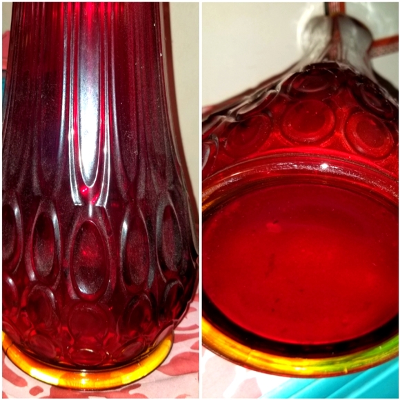 Vintage MCM 22" H RED L E SMITH SWUNG GLASS VASE yellow anberina base & top - Picture 3 of 6